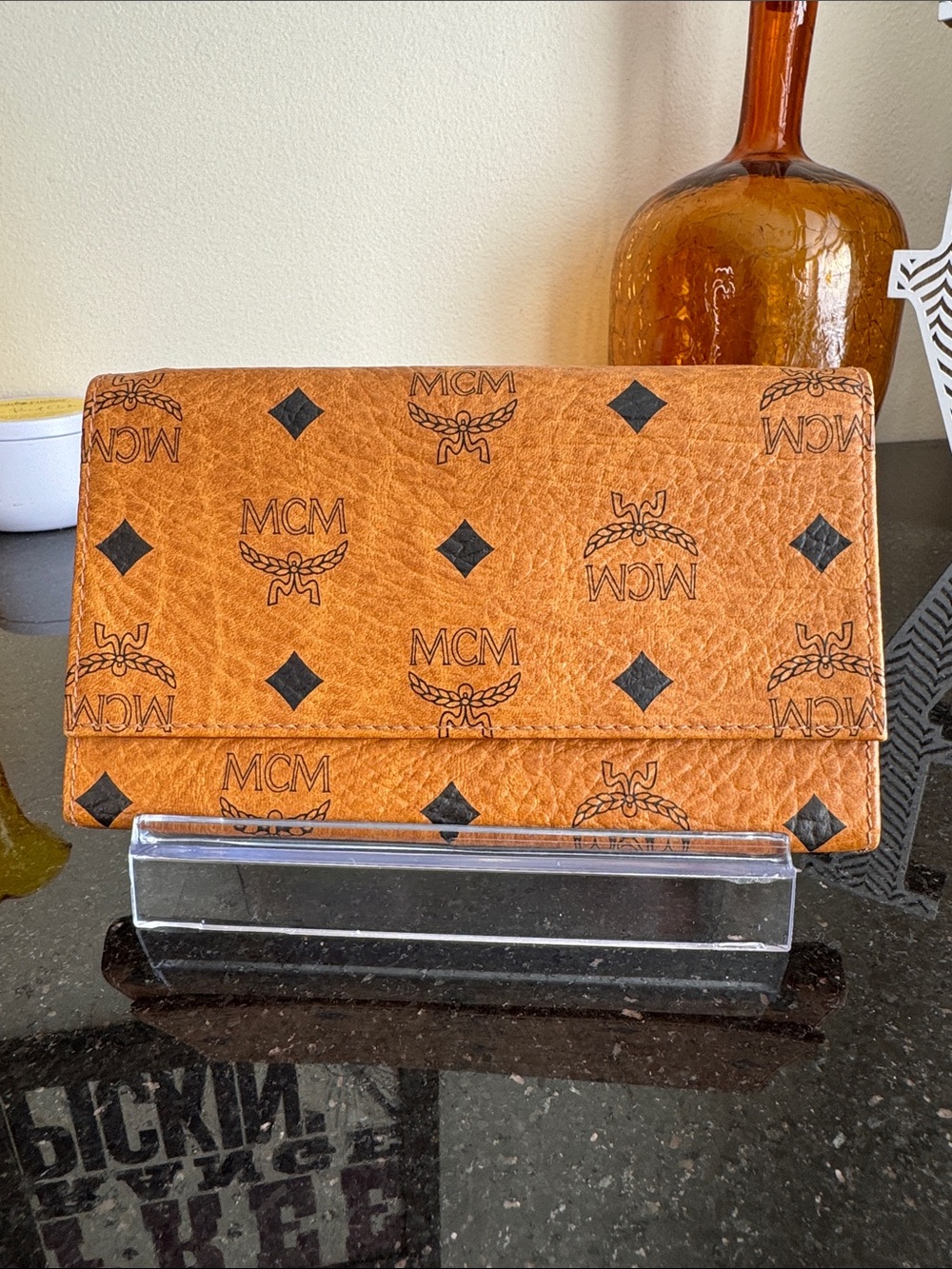 MCM Cognac Logo Visetos Folded Wallet